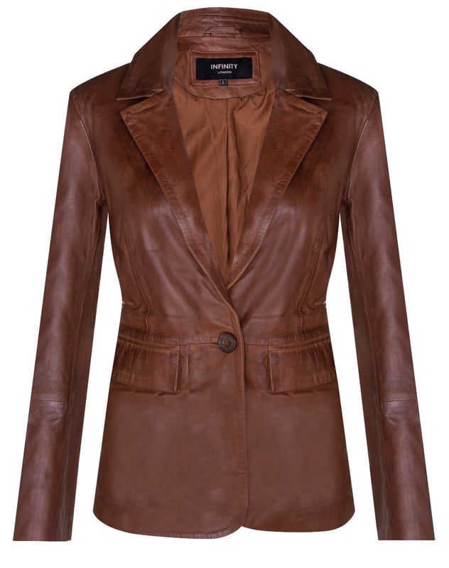 Elevate your style with our Women's Leather Blazer Jacket, a perfect blend of luxury and versatility. Crafted from soft and supple lambs nappa leather, this jacket offers a luxurious and comfortable feel. Here's what sets it apart:  
Luxurious Lambs Nappa Leather: The soft and supple lambs nappa leather construction ensures both style and comfort, making it a delightful addition to your wardrobe. 
Functional Waist Pockets: Two exterior waist pockets add a touch of functionality and style, allowing you to carry your essentials with ease. 
Versatile Color Options: Available in two stunning colors, this jacket provides the freedom to express your personal taste and style. 
Sophisticated Collar: The collar showcases notched lapels, adding a sophisticated touch and a classic look to the overall design. 
Elegant One-Button Closure: With a one-button closure, this blazer-style jacket exudes elegance and versatility, making it suitable for various occasions, whether you're heading to the office or going out for a night on the town.  The Women's Leather Blazer Jacket is the perfect choice for those who seek both luxury and style in their attire.