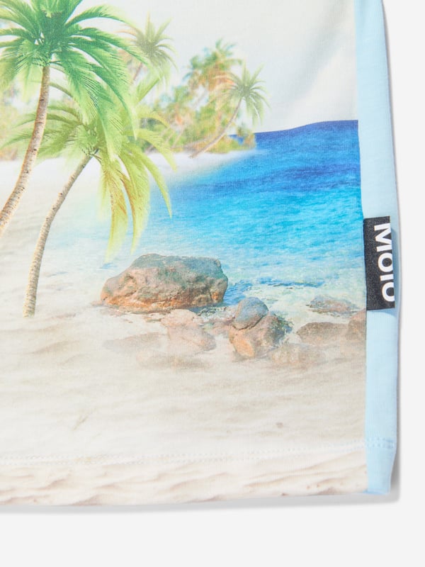 Molo encapsulate fierce energy and creative ambition in their sustainability abstracts. This boys beach t-shirt features a chaotic image of a staggering t-Rex in a beach landscape. Both innovative and striking, it will be his favourite to wear.  100% Organic Cotton GOTS Organic Certified By Ecocert Greenlif