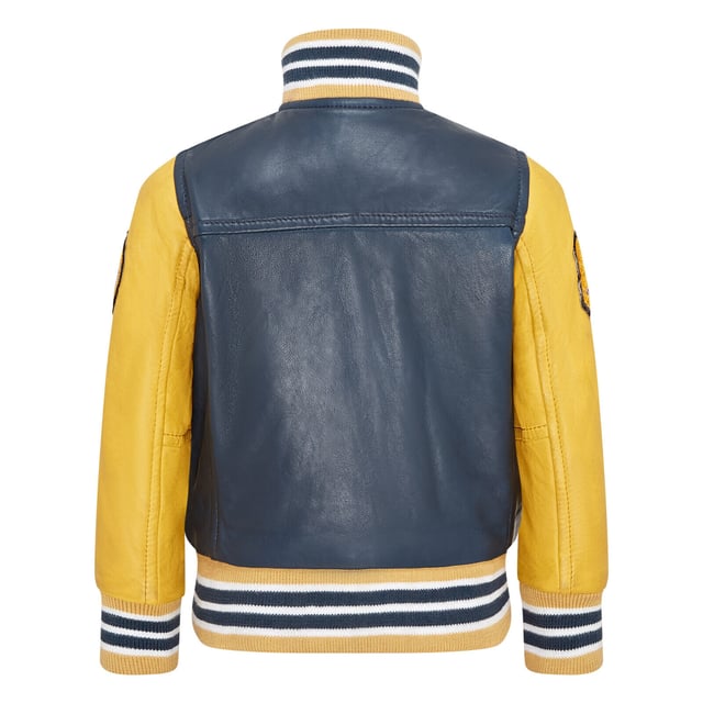 Introducing the Unisex Kids Baseball Leather Jacket, a perfect blend of classic varsity style and modern craftsmanship. This letterman bomber jacket features contrasting sleeves and a striped knit ribbed collar, waistband, and cuffs for a timeless athletic look. The press studs front closure and embroidered brand logo patches on the chest and sleeves add a touch of authenticity and flair. Designed with practicality in mind, it includes two jet pockets at the waist and two inside welt pockets for your essentials. The panelling to the back of the jacket ensures a tailored fit and superior comfort. Contrasting sleeves for a stylish look, Striped knit ribbed collar, waistband, and cuffs for a classic finish, Press studs front closure for easy wear, Embroidered brand logo patches on the chest and sleeves for added detail, Two jet pockets at the waist.