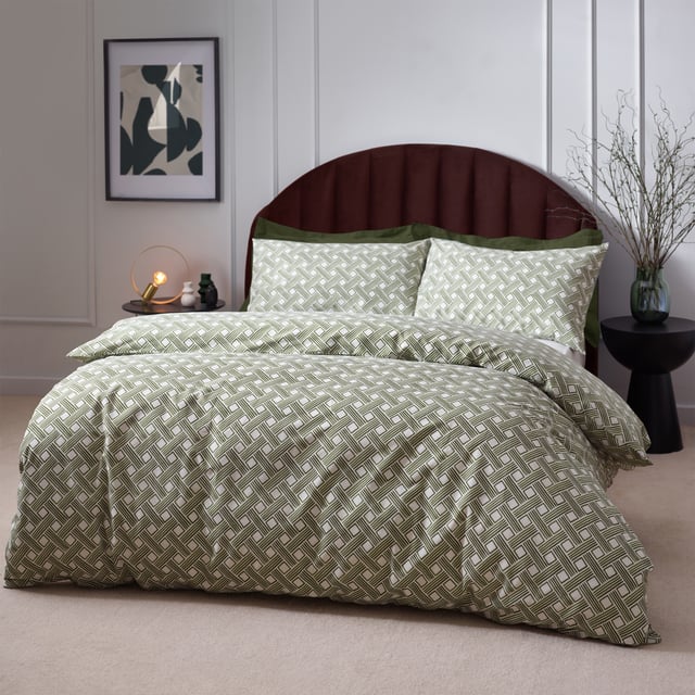 Inspired by modern, minimalist art, the Alexa duvet cover set is a softer alternative to geometric design. Featuring watercolour basket weave lines in earthy green tones, it will add warming, relaxing colour to a neutral interior. Printed on soft, cotton rich fabric, the design is featured on both sides. A timeless addition to your bedding collection! OEKO-TEX certifies this product® showing it has been sustainably made.