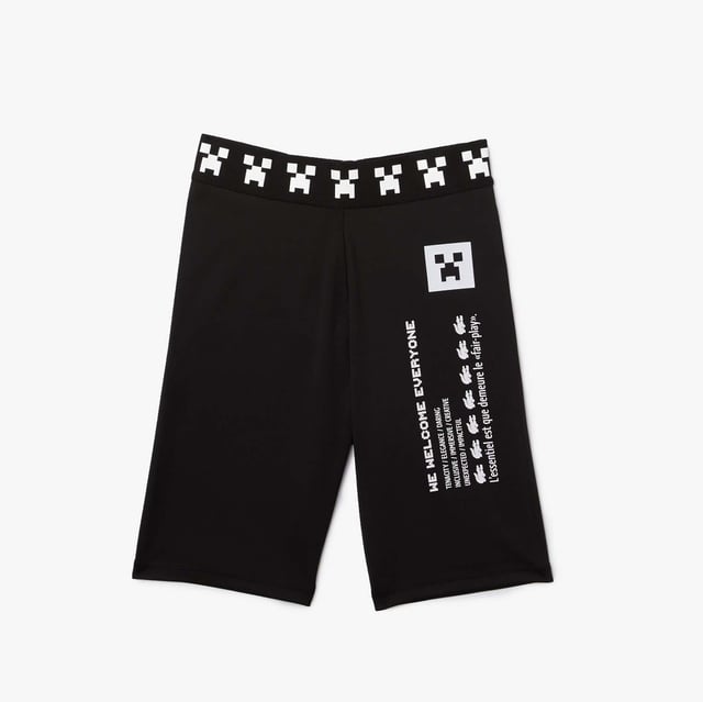 Women's Lacoste L!VE x Minecraft Bike Shorts Recycled polyester Elasticised waistband with Minecraft character print Matte and shiny prints and embroideries Tone-on-tone silicone crocodile on back