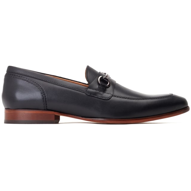 Base London Russo Leather Men's Black Loafers A refined addition to any man's footlocker, the Russo buckle loafer oozes sophistication. Genuine leather uppers, cushioned Ortholite insole and a polished horsebit buckle make Russo a no-brainer for the season.