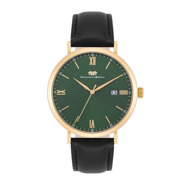 Elegant purism in the style of traditional watchmaking art: This men's watch of the Rhodenwald & Sons manufacture is an accessory for men with high demands on design and functionality. The puristic dial comes out with a few design elements and is reduced to filigree Roman digits and line indices, a minute and date display. The robust stainless steel case is refined with yellow gold and forms a warm shimmering frame for the dial - a highlight on every wrist. The real leather strap with color -coordinated seam ensures the best wearing comfort.