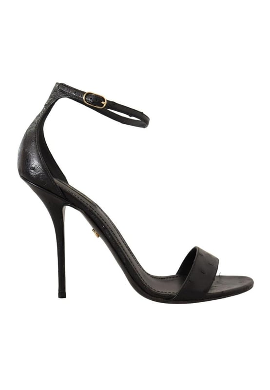Dolce & Gabbana Women's Black Ostrich Ankle Strap Heels Sandals Shoes