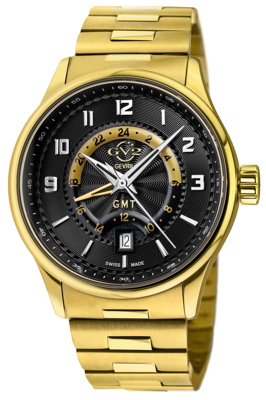 Giromondo, Italian for globetrotter, is the ultimate high-powered, jet-setting companion.  Built to out-perform on the go, this Quartz 42mm timepiece is GV2’s boldest statement yet.  Swiss Quartz GMT movement powers the 42mm Case with an exhibition back and genuine Italian leather strap.  Not to be confused with a Maserati or Ferrari, this model of Italian luxury can take you anywhere.  GV2’s Giromondo – performance and technology made to move.
GV2 42306B Men's Giromondo Swiss Quartz Watch
GV2 Men’s Swiss Quartz watch from the Giromondo Collection
42mm IPRG Case with Black Dial and 24 hour format on Inner Dial
Push Pull Crown, Date at 6 o'clock
Exhibition Case Back
IPYG Bracelet with Deployment Buckle
Anti-reflective Sapphire Crystal
Water Resistant to 50 Meters/5ATM
Swiss Quartz GMT Movement, Ronda 515
