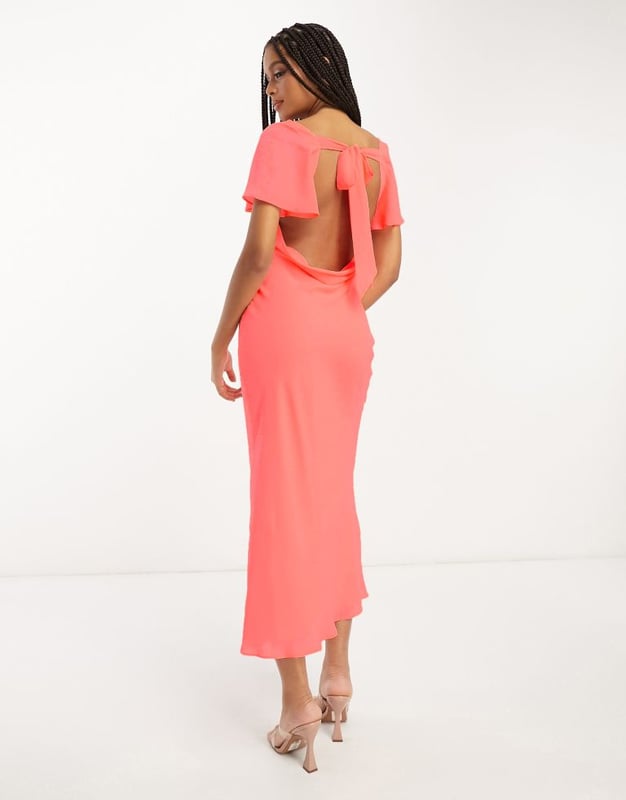 white christmas dresses Rent ASOS DESIGN Multi Flutter Sleeve Ruffle Midaxi Dress With Button  Detail In Blue main image 0