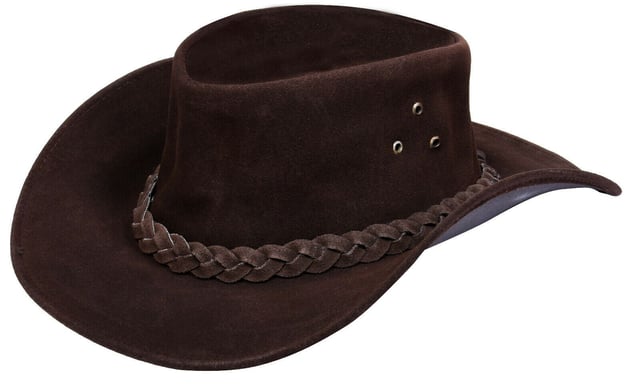 Real Suede classic western outback. The crown is trimmed with a braided band. Durable yet cool and lightweight and amazing quality. Premium Quality Craftsmanship, Super Value Priced, Australian western Style, Western Style Bush Leather Hat, Great value for money, Eyelets in crown for ventilation, Comfortable and light weight, Ready UK Stock availability