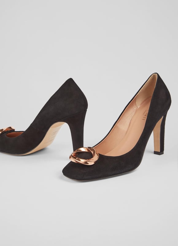 LK Bennett Evelyn Closed Courts, Black A high-heeled court with chic detailing, our Evelyn courts feel a little dressier than the classic styles. Beautifully-crafted in Italy from super-soft black suede, they have a round toe, a gold eternity ring embellishment - which is exclusive to LKB - a sleek shape and an elegant stiletto heel. Wear them to work or for spring occasions.