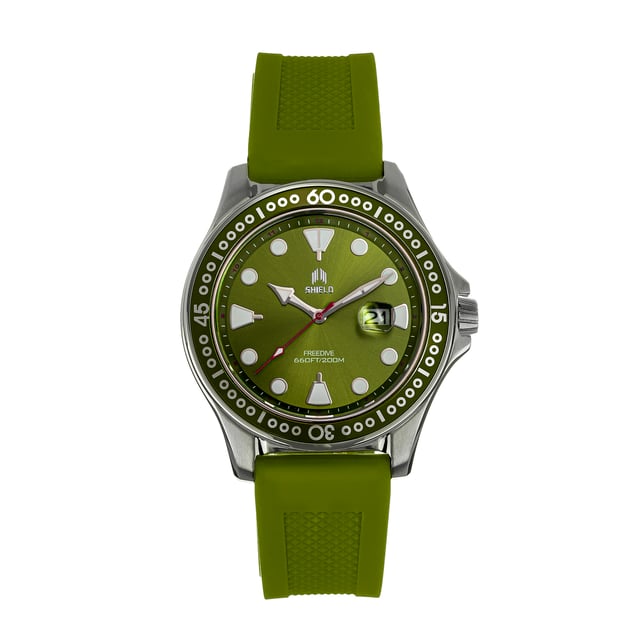 316L roestvrijstalen behuizing van chirurgische kwaliteit; Japans Miyota 2115 quartz uurwerk; Saffiergecoat mineraal kristal; Logo-gegraveerde roestvrijstalen achterkant; Uni-directionele bezel; Geschroefde kroon; Siliconen band; Logo-gegraveerde roestvrijstalen sluiting; Zwitserse Super-LumiNova-wijzers; Zwitserse Super-LumiNova-markeringen; Vergrote datumweergave; 45 mm kastdiameter; 20ATM waterbestendigheid (goedgekeurd voor professioneel diepduiken);