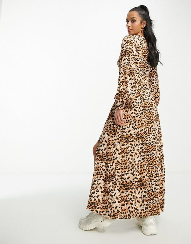 Miss Selfridge Petite long sleeve button through maxi dress in