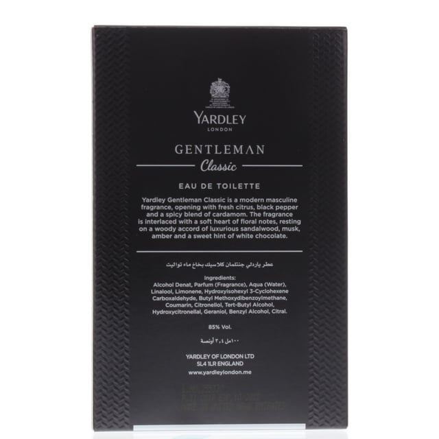 Yardley Gentleman Classic opens with a fresh citrus and spicy blend of cardamom and black pepper interlaced with a soft heart of floral notes resting on a luxurious accord of sandalwood musk amber and a sweet hint of white chocolate.