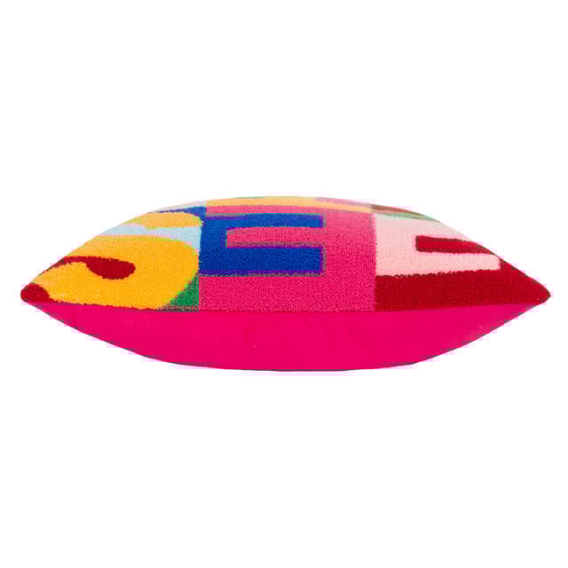 Get into a 'Christmassy' mood with this vibrant knitted loop tufted cushion. Woven in a range of fabulous techno colours and paired with a fuchsia pink velvet reverse; This unique design is the perfect addition for those who love all things colour!  Size: 43 x 43cm