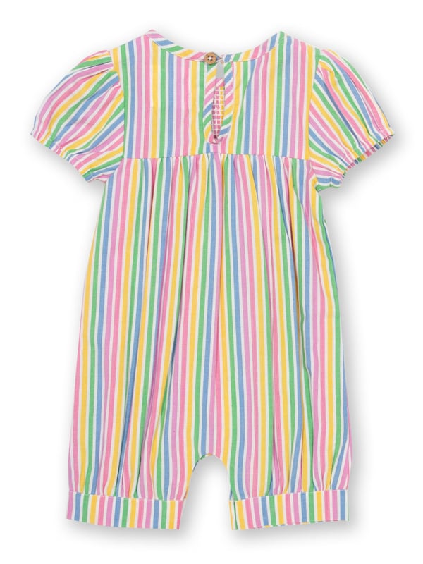 Sweetness and light! This colourful and breathable romper is perfect for sunny days. With soft gathered sleeves and smocking detail on the chest, it is both practical and pretty, and the perfect option for little crawlers, walkers and wrigglers! Match with the sweet stripe sun hat for the sweetest style this season.