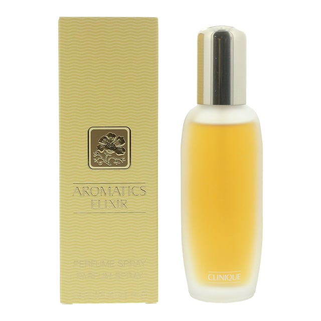 Clinique design house launched Aromatics Elixir in 1971 as a chypre floral fragrance for women. Aromatics Elixir notes consist of aldehydes, bergamot, lemon verbena, chamomile, geranium, clary sage, coriander, Brazilian rosewood, carnation, jasmine, orange blossom, rose, tuberose, ylang ylang, orris root, musk, incense, oakmoss, patchouli, sandalwood, and vetiver.