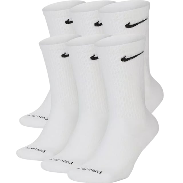 Nike Everyday Plus Cushioned Training Crew Socks (6 Pairs) White The Nike Everyday Plus Cushioned Socks bring comfort to your workout with extra cushioning under the heel and forefoot and a snug, supportive arch band. Sweat-wicking power and breathability up top help keep your feet dry and cool to help push you through that extra set.
