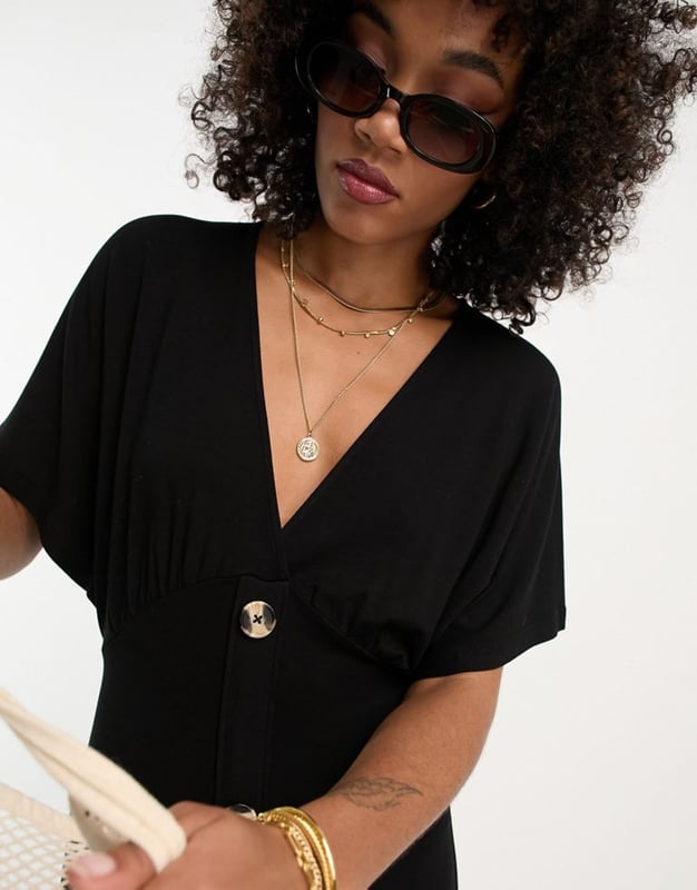 ASOS DESIGN flutter sleeve midi tea dress with buttons in black