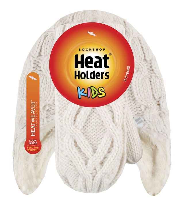 Introducing these cable cosy knitted-like design on hats and mittens for girls! For a much warmer and cosy feel, these Heat Holders matching set of hats and mittens include Heatweaver® insulation which is a plush fur-like thermal lining that maximizes the amount of warm air held close to the skin. Heat Holders use a specially developed thermal yarn provides high performance insulation against cold with superior moisture breathing abilities. Their stretchable construction contours around the natural shape of your body for improved fit, warmth and comfort. These hats feature an adorable pom pom detail on the top of the hat, and the end of the long ear flaps, further providing more warmth and comfort to your child's head. The mittens feature a cosy turn over cuff which enables you to adjust the cuff at the wrists. The cable knit design offers a Winter look which will complete any Winter ensemble! Whether you're looking to keep your daughter warm or look stylish, these cute hat and mittens will do just the job this Winter! Let your child play in snow whilst staying warm in these super soft winter collection. Stock up for the cold season with these lovely Heat Holders warm and mittens for your child. These hat and mittens come in 4 different colours of Frost Grey, Buttercream, Dusty Blue, and Dusky Pink. They are available in ages 3-6 years.