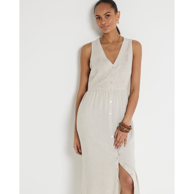 River Island Womens Skater Midi Dress Beige Embroidered