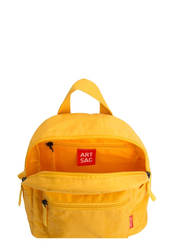 A small-sized backpack made in crushed nylon fabric. It's fun and stylish design is perfectly sized to hold all your daily objects and the adjustable shoulder strap means you can alter the length to suit you. Features: , Artsac rubberised patch logo, Zip top opening, Twin strap backpack, Adjustable shoulder straps, External front zip pocket, External slip pockets, Internal zip and slip pockets, Splash proof nylon fabric Style Ref: 50293 MUSTARD