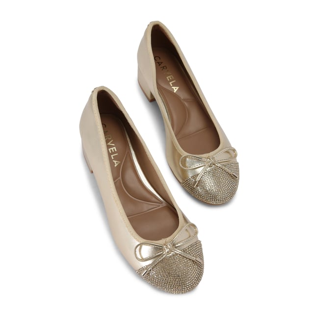 This Carvela Pair of Nova Ballet Jewel flats are crafted from a metallic gold fabric which his embellished with crystals. The heel is in a low block style. Heel height: 3.5cm. This product features All Day Long technology.