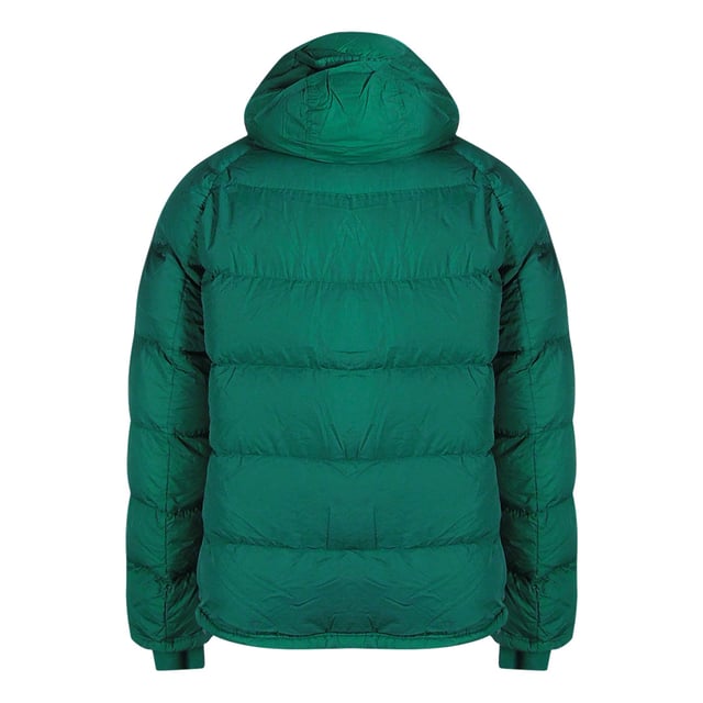 Groene parajumpers jas, twee zakken met ritssluiting aan de voorkant, PJS-patch op de linkermouw, 100% donsjack, elastische tailleband en mouwen