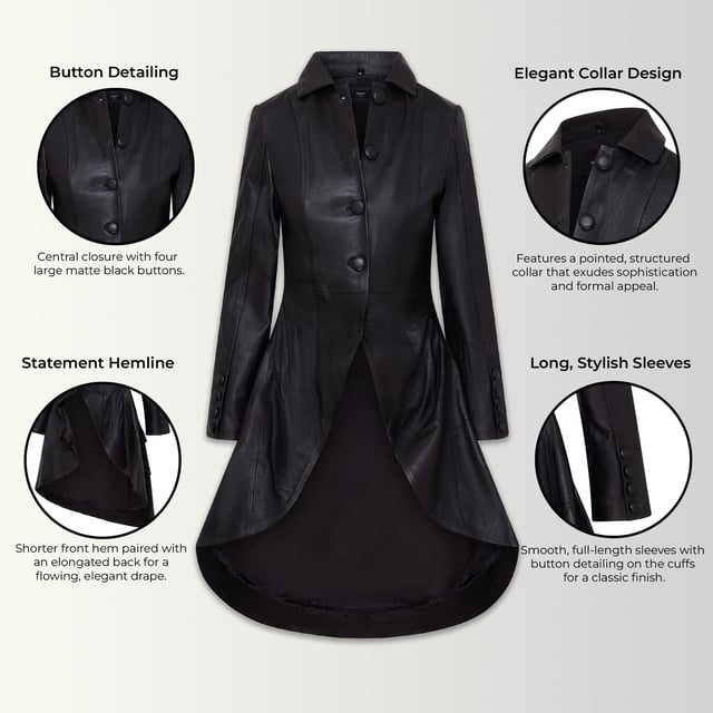 Deze lange jas, geïnspireerd op Victoriaanse en Edwardiaanse stijlen, heeft een strak uitlopend design gemaakt van 100% premium leer. Perfect voor gothic en punk mode, het is een gedurfd statement piece dat vintage charme combineert met een moderne rand. Lange uitlopende jas voor een opvallende look Gemaakt van 100% premium leer voor duurzaamheid en luxe Victoriaanse en Edwardiaanse invloeden met een eigentijdse twist Perfect voor gothic, punk of alternatieve modestijlen
