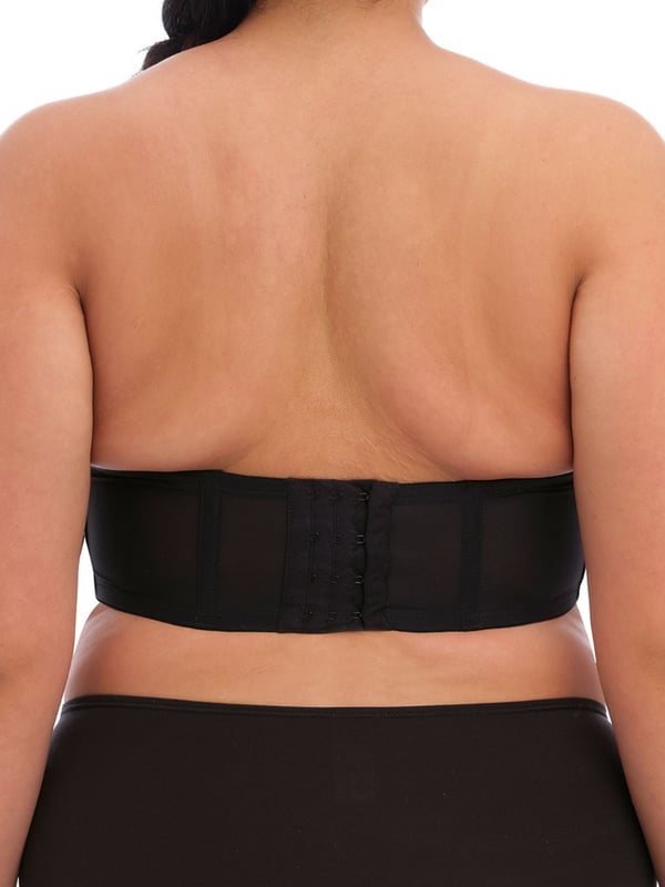 Elomi Smooth Underwired Strapless Bra in Black. Moulded with a sweetheart neckline and removable multiway straps. Product is made of 37% Nylon/Polyamide, 25% Elastane, 38% Polyester and is hand-wash only.