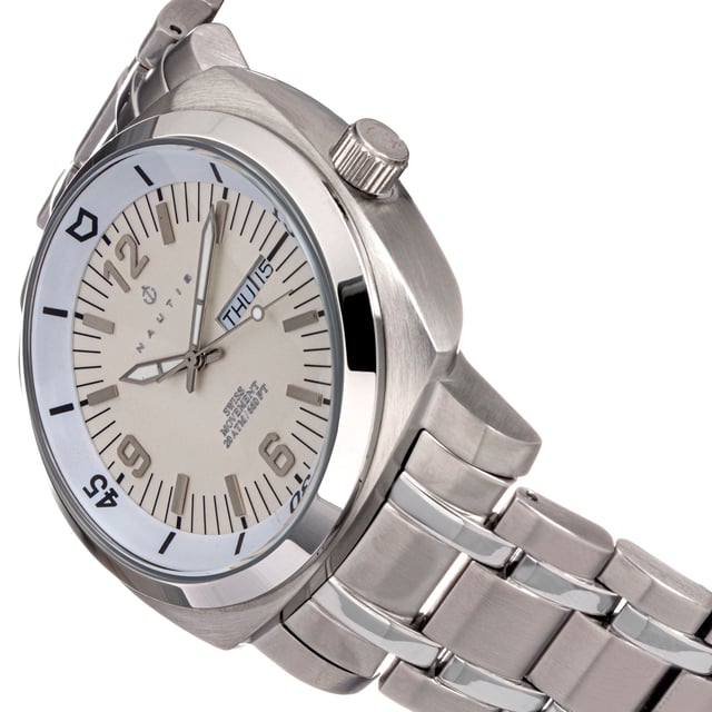 316L Surgical-Quality Stainless Steel Case; Accurate Swiss Quartz Movement; Non-Glare Scratch-Resistant Mineral Crystal; Logo-Engraved Stainless Steel Caseback; 316L Surgical-Quality Stainless Steel Bracelet; Logo-Engraved Stainless Steel Fold-Over Push-Button Deployment Clasp; Luminous Hands; Day Indicator; Date Indicator; 45mm Case Diameter; 20 ATM Water Resistance (Professional Deep Diving Approved);
