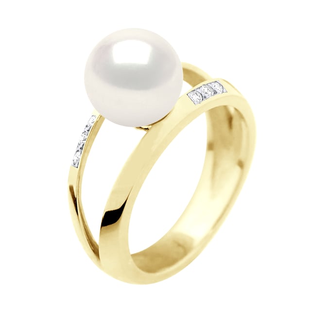Ringsmycke 0,06 cts ( 6 x 0,01 cts ) - Gult guld - Äkta odlad sötvattenspärla rund 8-9 mm - FÄRG NATURLIG VIT - finns i storlekar jämna nummer från 48 till 62 - Levereras med äkthetscertifikat och internationell garanti - MADE IN FRANCE