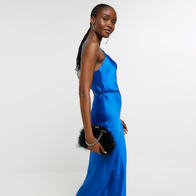 River Island Womens Slip Midi Dress Blue Satin