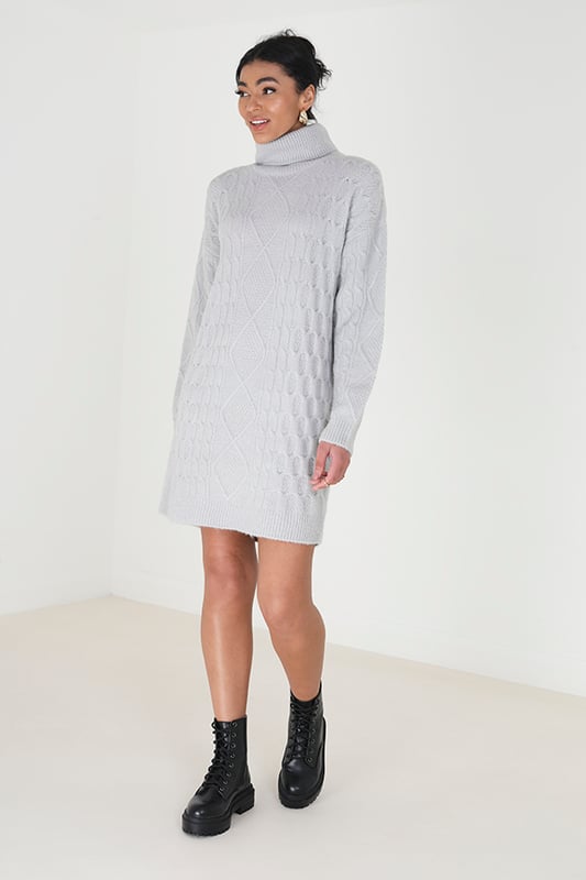 Grey Sinbya Roll Neck Cable Knit Jumper Dress