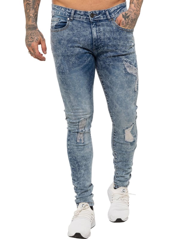 Enzo Mens Skinny Stretch rasgó los jeans angustiados. Efecto de rasgadura y reparación, cierre de mosca Zip. Dos bolsillos delanteros, dos bolsillos traseros, bolsillo de una sola moneda. Remaches y botones de marca.