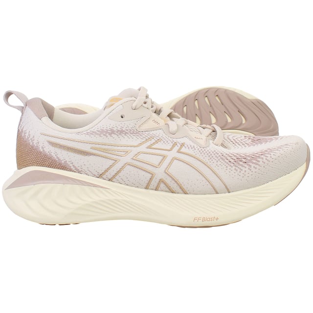 The Asics Gel-Cumulus 25 Women's Running Shoes are designed for runners seeking all-day comfort, cushioning, and durability. Perfect for both daily training and long-distance runs, these shoes combine advanced technology with a modern design to enhance your running experience.
Â 
Key Features:
Manufacturer Colour:

Mineral Beige/Champagne

PureGELâ„¢ Technology: 

Strategically integrated into the rearfoot for improved shock absorption, providing smoother landings and transitions.


FF BLASTâ„¢ PLUS Cushioning: 

Lightweight and responsive midsole foam delivers enhanced comfort and energy return with every stride.


Engineered Mesh Upper: 

Provides a breathable and adaptive fit, keeping feet cool and supported during extended runs.


OrthoLiteâ„¢ X-55 Sockliner: 

Adds an extra layer of comfort and moisture management for a pleasant in-shoe feel.


AHARâ„¢ Rubber Outsole: 

Durable outsole with reinforced high-wear areas ensures long-lasting traction and performance.


Wide Base Design: 

Improves stability and balance, creating a secure feel throughout your run.


Eco-Friendly Materials: 

Made with recycled materials, supporting sustainability without compromising quality.


Lightweight Construction: 

Reduces fatigue, making the shoes ideal for longer distances and daily wear.


The Asics Gel-Cumulus 25 Women's Running Shoes deliver a smooth, comfortable, and efficient running experience, making them a versatile choice for runners of all levels.