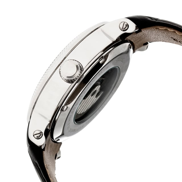 316L Surgical-Quality Stainless Steel Case; Jeweled Automatic Movement; Jewel Bearings: 22 Jewels; 42-Hour Power Reserve; Beats per Hour (BPH): 21600/Hour; Sapphire-Coated Mineral Crystal; Skeleton Dial; Observation Caseback to view Movement; Genuine Leather Crocodile-Embossed Strap; Logo-Engraved Stainless Steel Clasp; Luminous Hands; Moon Phase; Dual Time Zone; 47mm Diameter; 5 ATM Water Resistance;