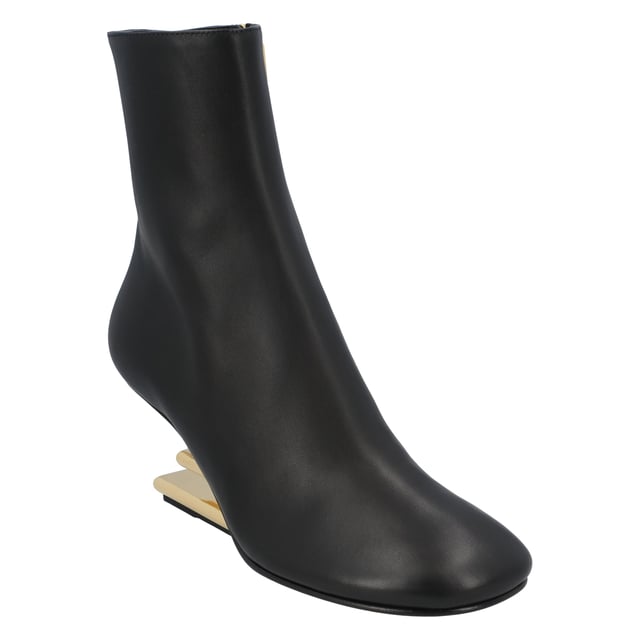 100% Calf Leather 
Made in Italy 
High diagonal F-shaped heel in gold-colored metal.
Heel height: 9.5 cm.
Rounded toe.Measurments:  height: 95 mm