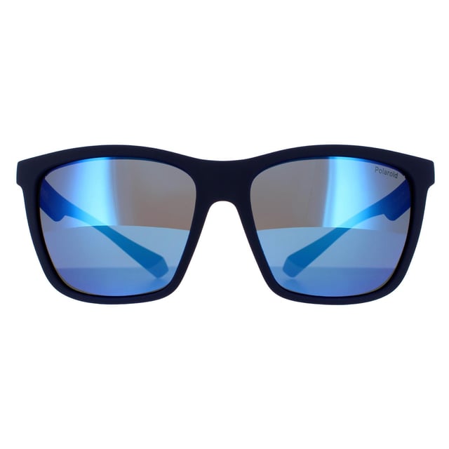 Gafas de sol Polaroid Rectangulares para Hombre en Azul Grisáceo con Espejo Azul Polarizado. Las Polaroid son un estilo rectangular ligero con una marca Polaroid de colores contrastantes en las patillas que hacen juego con las puntas de las patillas.