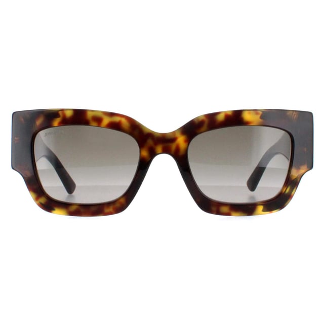 Jimmy Choo Square Womens Havana and Gold Brown Gradient NENA/S  Sunglasses boast a square-style frame and are distinguished by their large metal branding on the hinges. These sunglasses offer a sophisticated and contemporary look, perfect for adding a touch of glamour to any outfit.