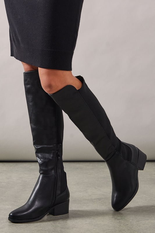 Wide Fit Hannah Elastic Back Low Heel Almond Toe Knee Boots