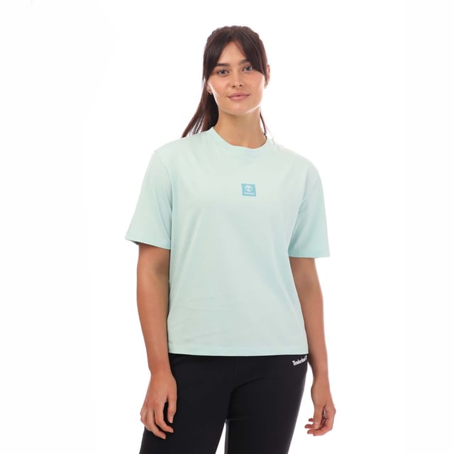 Womens Timberland Stack Logo T-Shirt in light blue.- Crew neck.- Short sleeves.- Printed logo.- Regular fit.- 100% Cotton.- Ref: A5RZXEG8