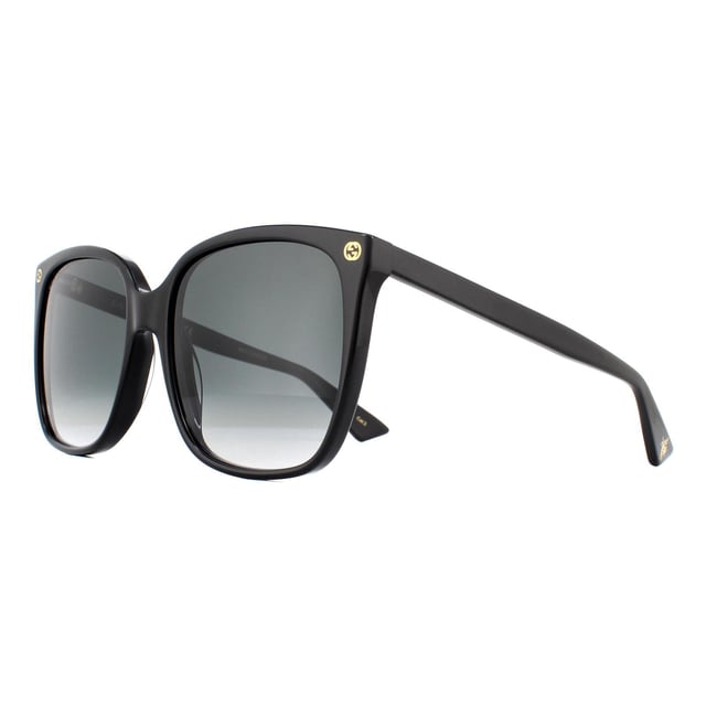 Gucci Sunglasses GG0022S 001 Black Grey Gradient have a simple squared off shape with the stylish GG logos at the front temples and a bee detail on the temple tip.