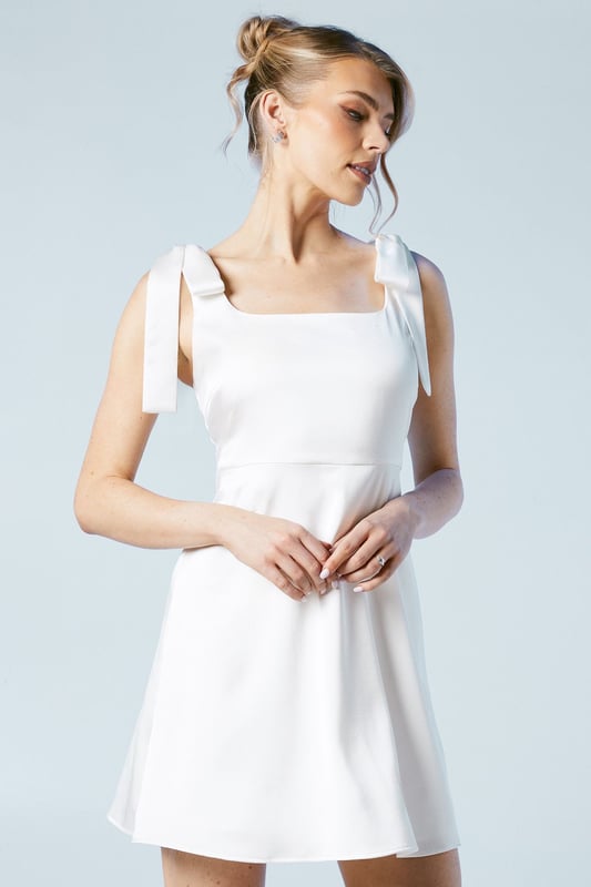 Tie Shoulder Satin Bridal Mini Dress
