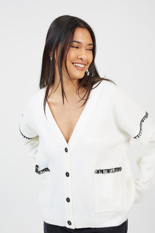 Elevate your style this season with this V-neck cardigan from Brave Soul. This relaxed fit design features button fastenings, two front pockets, dropped shoulders, ribbed hem and cuffs and contrast stitching on the shoulders and pockets. Team with jeans and a t-shirt for a casual daytime look. Model wears UK size S