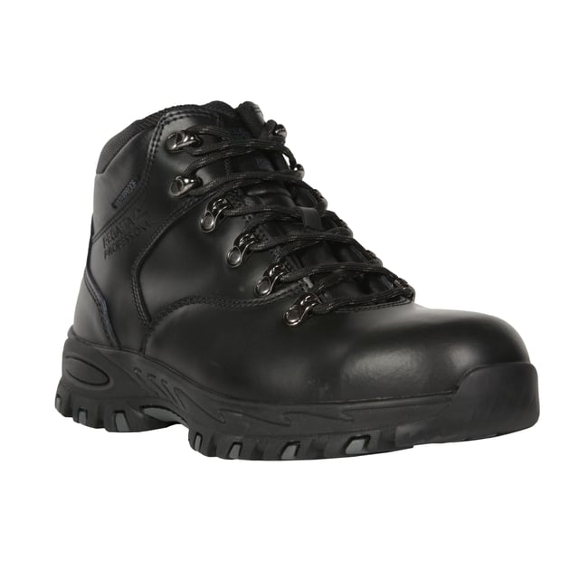 Regatta Mens Gritstone Leather Safety Boots (Black) Upper: Leather. Fabric: Polyester, PU (Polyurethane). Insole: Moulded EVA. Midsole: Penetration Resistant. Outsole: Oil Resistant, Rubber. Sole Features: Durable. Fastening: Lace Up. Fabric Technology: Breathable, Isotex, Waterproof. Internal Membrane Liner, Lacing Hooks, Padded Ankle, Sealed Seams. Flat. Cut: Ankle High. Design: Debossed, Logo. Conforms to Safety Standard: EN20345:2011 S3. Toe Style: Steel Toe Cap.