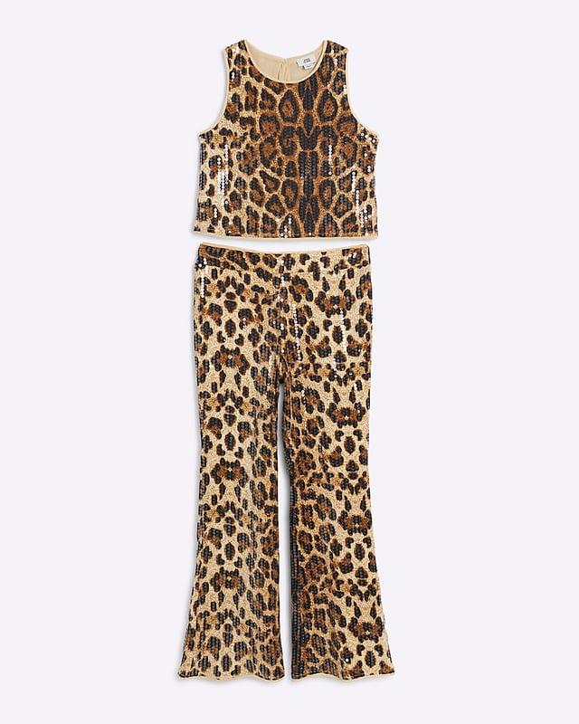 Sequin fabric, Leopard print, Crew neckline, Sleeveless, Wide leg, Flares, Elasticated waist