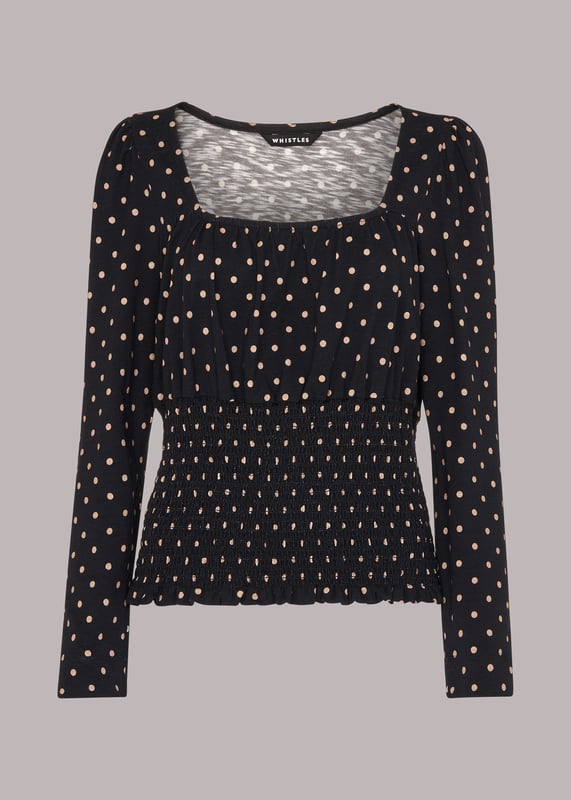 Elevate your weekend wardrobe with the Spot Square Top. This charming blouse features a flattering square neckline and long sleeves, adorned with playful polka dots. Crafted from 100% cotton for all-day comfort, its shirred bodice ensures a perfect fit. Versatile in black with multi-colored spots, it's a stylish pick for any casual outing.