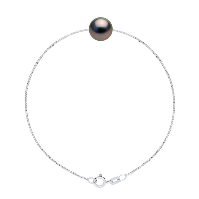 Bracelet Real Cultured TAHITI Pearl Round 9-10 mm - Chain Link "Venetian" of Silver 925 Rhodium plated - Length 18 cm - Delivered with Certificate of Authenticity and International Guarantee - MADE IN FRANCE