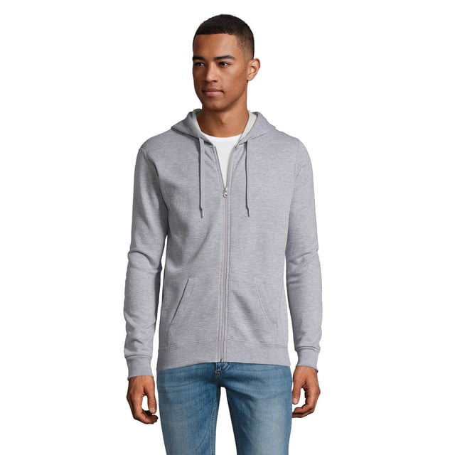Mens hoodie. Drop shoulder style. Brushed back fleece. Hood with self fabric drawcord. Full length front zip. Two front pockets. Ribbed cuffs and hem. 260gsm. Fabric: 50% Cotton, 50% Polyester. Mens Chest (to fit inches): S(36/38), M(38/40), L(41/42), XL(43/44), XXL(45/47).