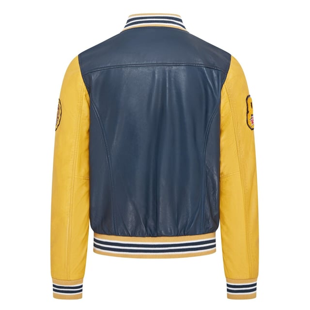 Introducing the Men's Baseball Leather Jacket, a perfect blend of classic varsity style and modern craftsmanship. This letterman bomber jacket features contrasting sleeves and a striped knit ribbed collar, waistband, and cuffs for a timeless athletic look. The press studs front closure and embroidered brand logo patches on the chest and sleeves add a touch of authenticity and flair. Designed with practicality in mind, it includes two jet pockets at the waist and two inside welt pockets for your essentials. The panelling to the back of the jacket ensures a tailored fit and superior comfort.

Contrasting sleeves for a stylish look
Striped knit ribbed collar, waistband, and cuffs for a classic finish
Press studs front closure for easy wear
Embroidered brand logo patches on the chest and sleeves for added detail
Two jet pockets at the waist and two inside welt pockets for convenience