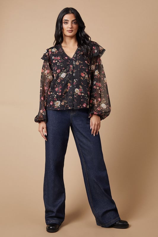 Floral Metallic Chiffon Lace Trim Ruffle Sleeve Blouse