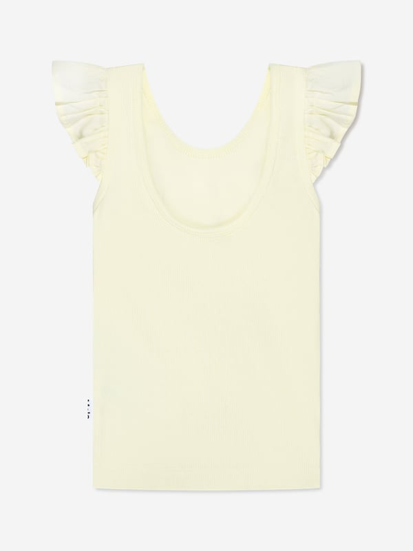 A cute and functional design, this girls Ranja top in yellow is a piece she will want to wear repeatedly. Depicted by Danish brand Molo, it features cut out ruffle sleeves and a scoop neck. Stylish and practical, she will look effortlessly fabulous.  Ruffle Design  Sustainable Scoop Neck